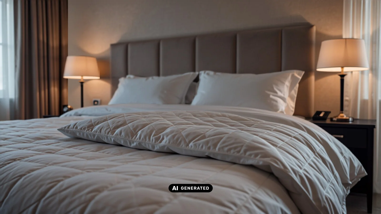KI-generiertes Symbolbild: gesteppte weiße Daunendecke auf einem Hotelbett im warmen Lampenlicht