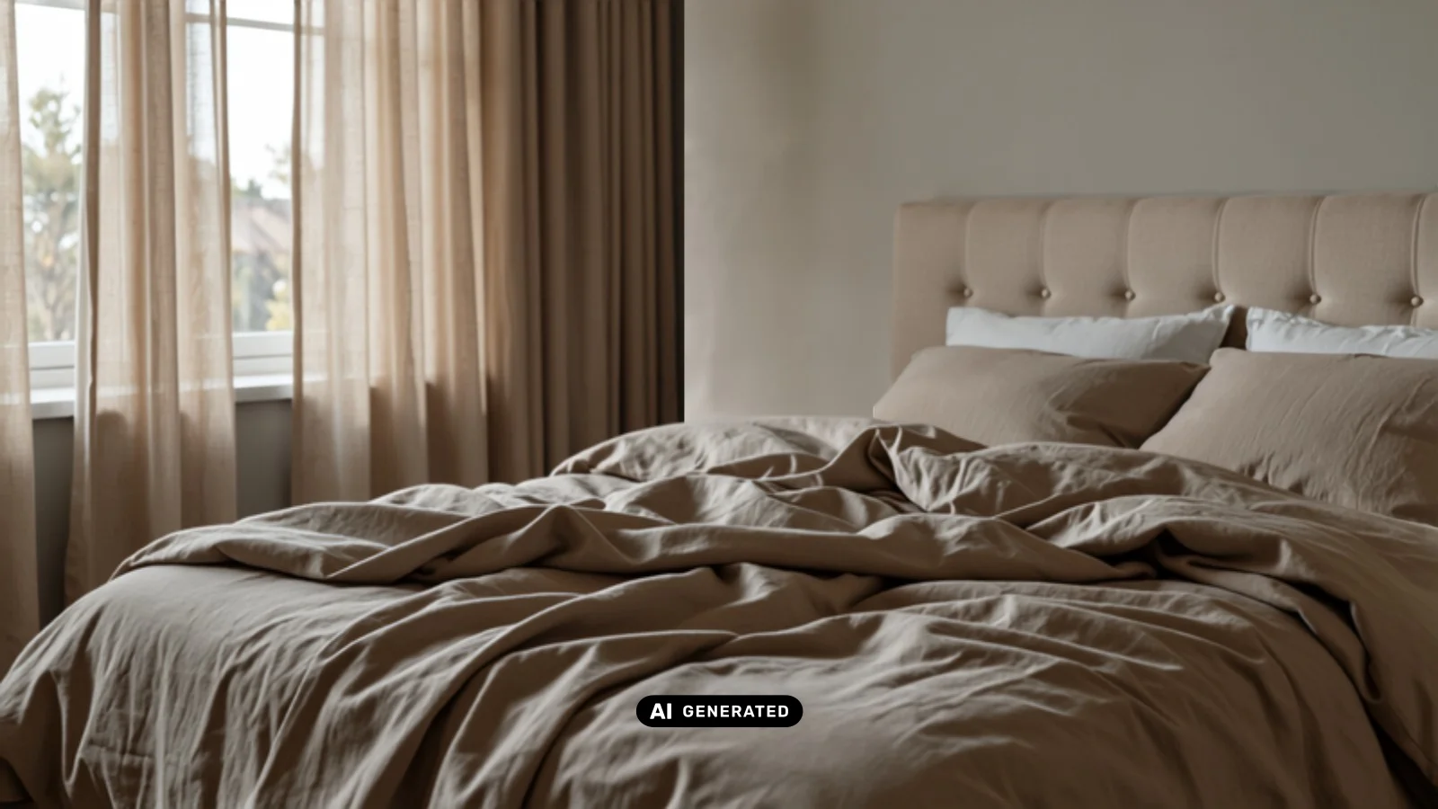 KI-generiertes Symbolbild: aufgeschlagenes Bett mit geknitterter Leinen-Bettwäsche in Naturtönen
