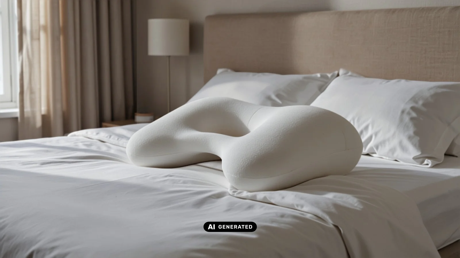 KI-generiertes Symbolbild: ergonomisch geformtes Nackenstützkissen auf einem hellen Hotelbett