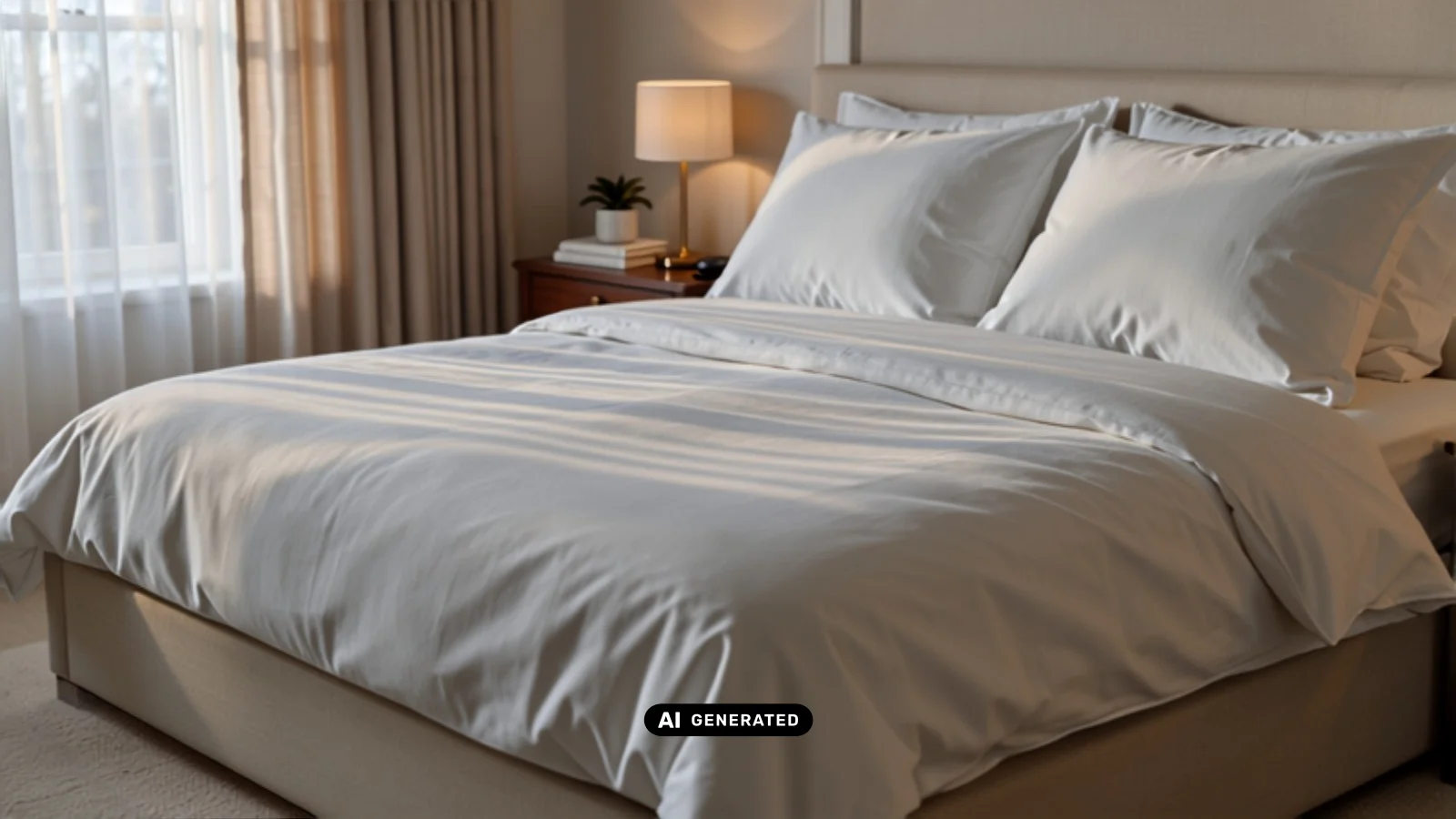 KI-generiertes Symbolbild: gemachtes Hotelbett mit weißer Bettwäsche und Kissen im warmen Morgenlicht